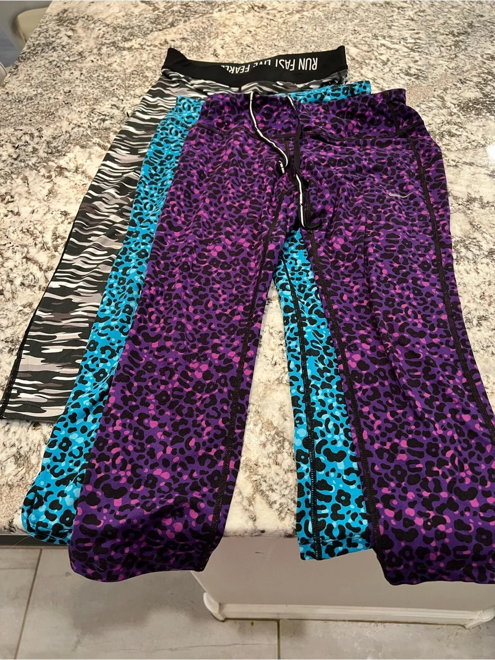 3-piece Nike Dri Fit Women Athletic Leggings, Blue Purple Black, S capri Length